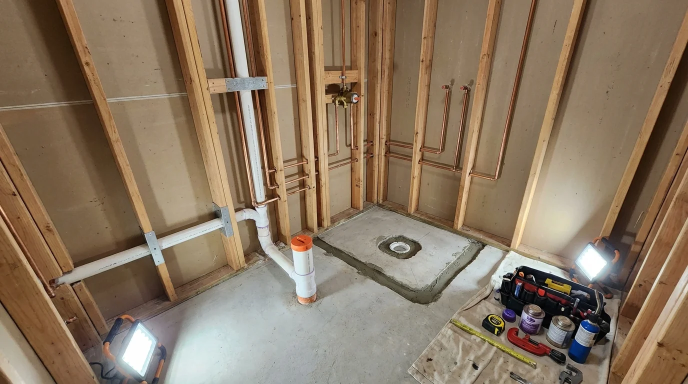 Bathroom rough-in plumbing during remodel by Johns Plumbing LLC in Kendall Park