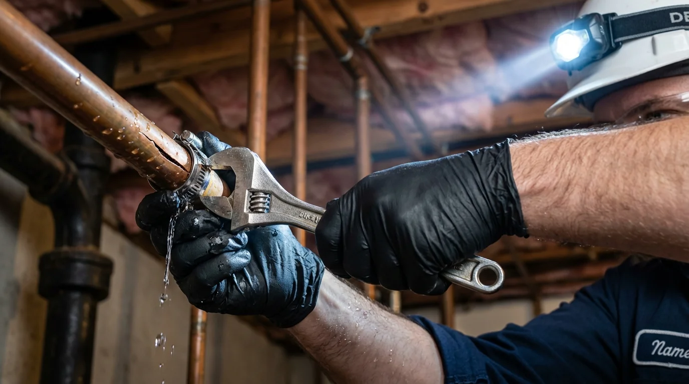 Emergency pipe clamp repair being performed by a Johns Plumbing LLC plumber in Kendall Park