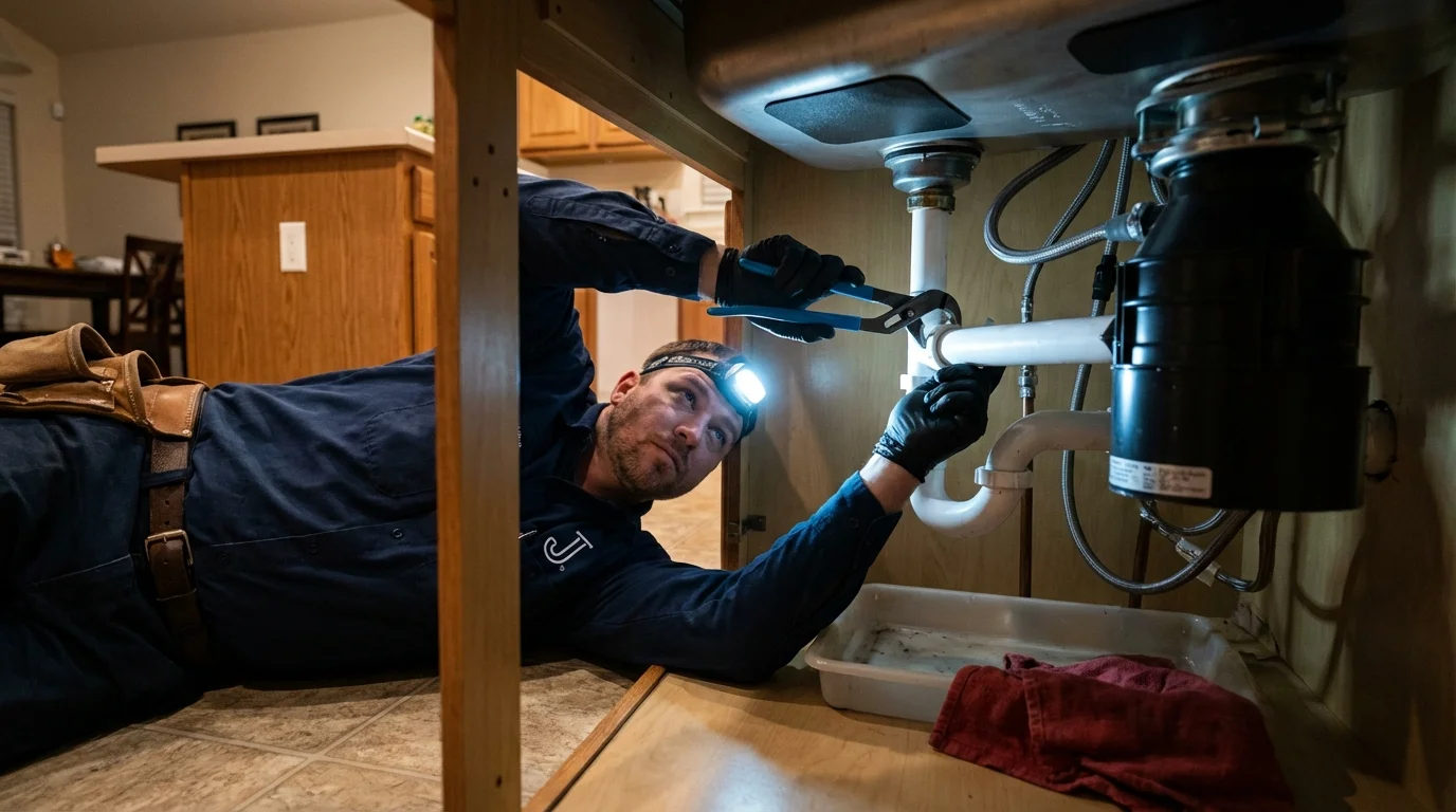 P-trap and supply line connections under a kitchen sink showing a common leak point in Kendall Park, NJ